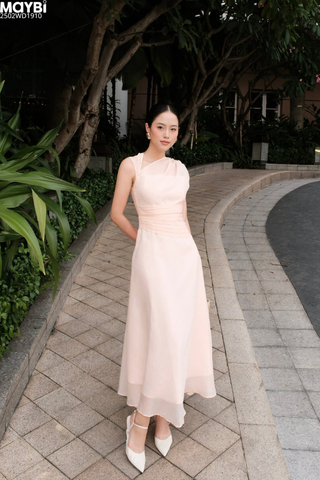 Đầm xòe tơ gân nhún vai cổ xéo dáng midi (màu cam đào)