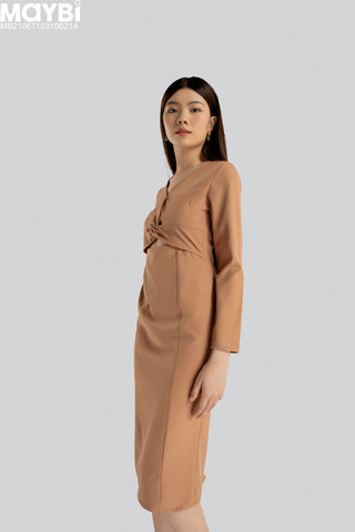 Đầm ôm lụa mango nâu phối xoắn kiểu
