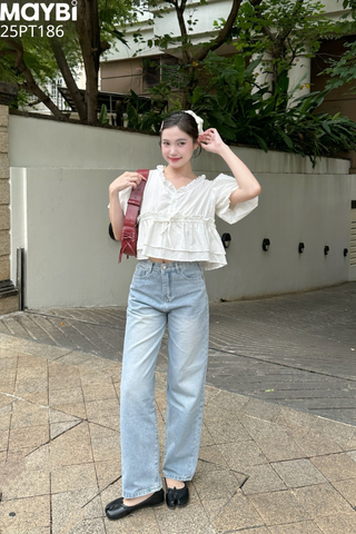 Áo croptop form rộng tay bí trắng