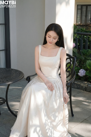 Đầm kem xòe dài nhún eo tôn dáng