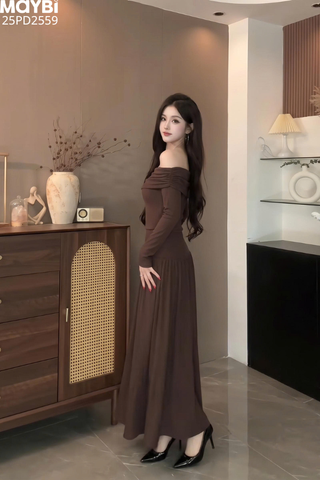 Đầm thun ôm trễ vai dài tay dáng maxi