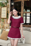 Set áo và chân váy dáng mini đỏ phối bèo