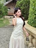 Đầm voan nhún kiểu sát nách dáng midi