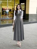 Set áo sơ mi phối đầm xòe dáng midi