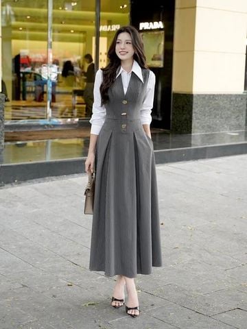 Set áo sơ mi phối đầm xòe dáng midi