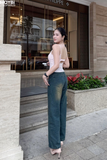 Quần jean ống suông xanh đen cạp cao
