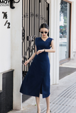 Đầm midi ôm cotton lạnh cổ xéo không tay