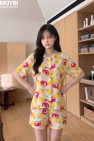 Bộ pyjama ngắn suông ngắn tay cotton in hình gấu dâu
