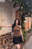 Áo Thun Lệch Vai Nữ Phối Ghim Cài Kim Loại Nhún Vai Ôm Body