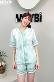 Bộ pyjama ngắn suông lụa xanh phối họa tiết nơ