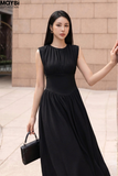 Đầm thun maxi đen nhún tùng xòe( Tặng áo chống nắng 26PO8745)