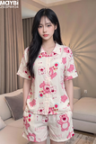 Bộ pyjama ngắn suông ngắn tay cotton họa tiết gấu dâu losta