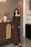 Đầm thun ôm trễ vai dài tay dáng maxi