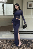 Đầm thun lưới rút dây dài tay