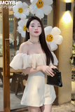 Jumpsuit bẹt vai phối bèo dáng mini