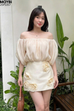 Set áo bẹt vai chân váy A đính hoa dáng mini