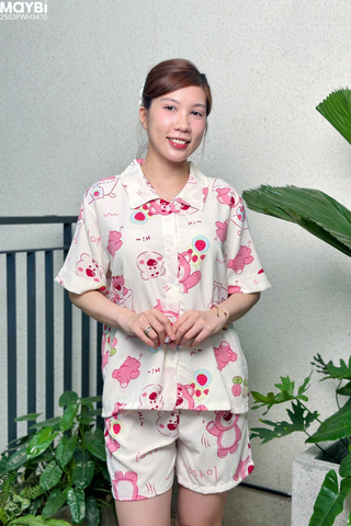 Bộ pyjama ngắn suông ngắn tay cotton họa tiết gấu dâu losta