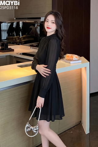 Đầm voan nhún kiểu dài tay