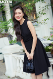 Đầm midi xòe tuyết mưa xếp ly kiểu eo