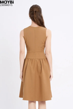 Đầm midi xòe bố len cổ V phối dây trang trí