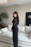 Đầm ôm dài tay phối ren dáng midi