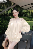 Set áo bẹt vai tằm ánh và quần short tafta Serena