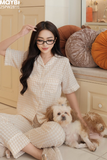 Bộ pyjama dài caro chất thô nhăn mềm ngắn tay