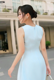 Đầm xòe tơ gân xanh xếp chéo ly dáng midi