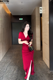 Đầm ôm cổ V thắt nơ eo dáng midi