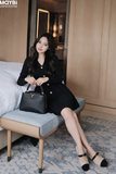 Đầm xòe dài tay gài nút cổ V dáng mini