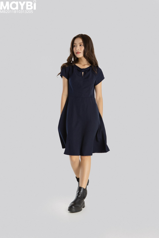 Đầm xòe cotton lụa xanh dương đậm kiểu cổ nơ