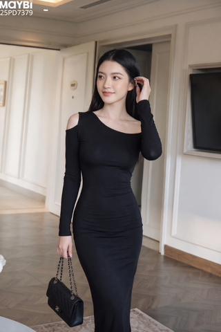 Đầm ôm lệch vai dài tay dáng midi