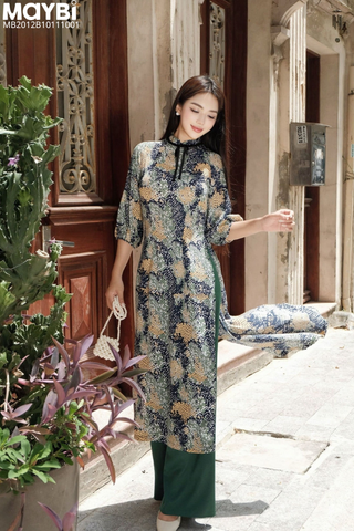 Áo dài ôm lụa in họa tiết xanh phối nơ cổ