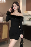 Đầm thun ôm trễ vai phối lông dáng mini