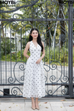Đầm xòe midi chấm bi lớn cổ V