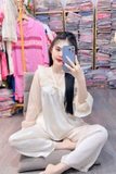 Bộ pijama dài lụa gấm xước cổ phối ren tay dài