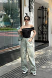 Quần jean ống suông phối nơ trang trí