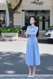 Đầm sơ mi ford sọc dài tay dáng midi