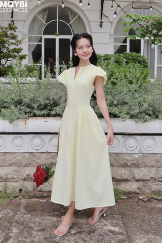 Đầm xòe cotton thêu vàng tay phồng dáng midi