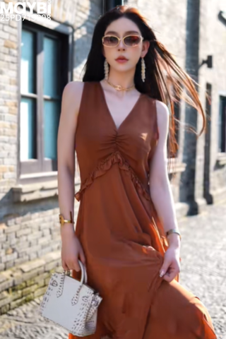 Đầm voan cổ V phối bèo dáng midi