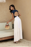 Set áo thun ôm ngắn tay xanh kèm chân váy dáng maxi