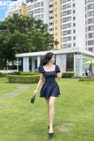 Đầm jean xòe nhún ngực dáng mini