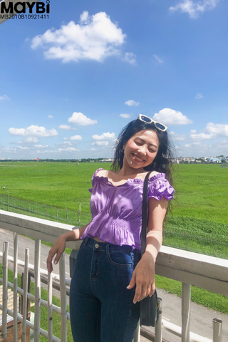 Áo croptop ôm thun cotton tím không vai phối nơ