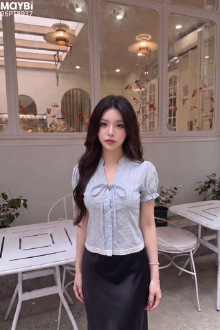Áo Kiểu Nữ Tay Phồng Cổ Trụ Buộc Nơ Lai Áo Phối Ren