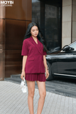Set áo blazer chân váy xếp ly đỏ