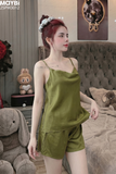 Bộ pyjama hai dây ngắn chất lụa satin cao cấp màu xanh lá phối