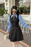 Đầm xòe cotton đen phối cổ sơ mi dáng mini