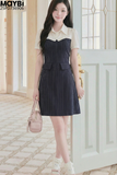 Đầm xòe sọc phối trắng ngắn tay dáng midi