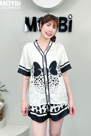 Bộ pyjama ngắn suông lụa kem phối đen