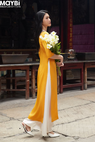 Áo dài ôm lụa vàng phối cổ ren trắng